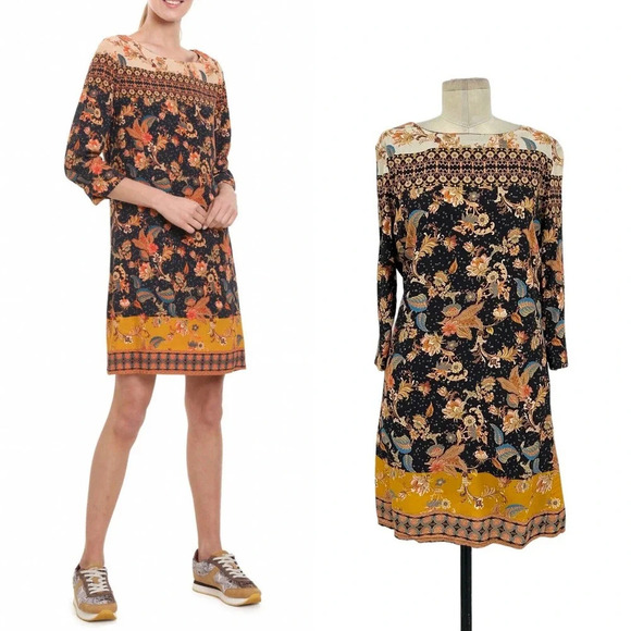 Desigual Paula Floral Shift Dress‎ Black Gold Yellow Orange Size 36 / US 2 - Picture 1 of 11